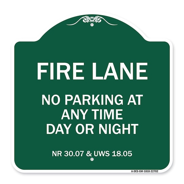 Signmission Wisconsin Fire Lane No Parking Anytime Day or Night, Green & White Alum, 18" x 18", GW-1818-22702 A-DES-GW-1818-22702 - main